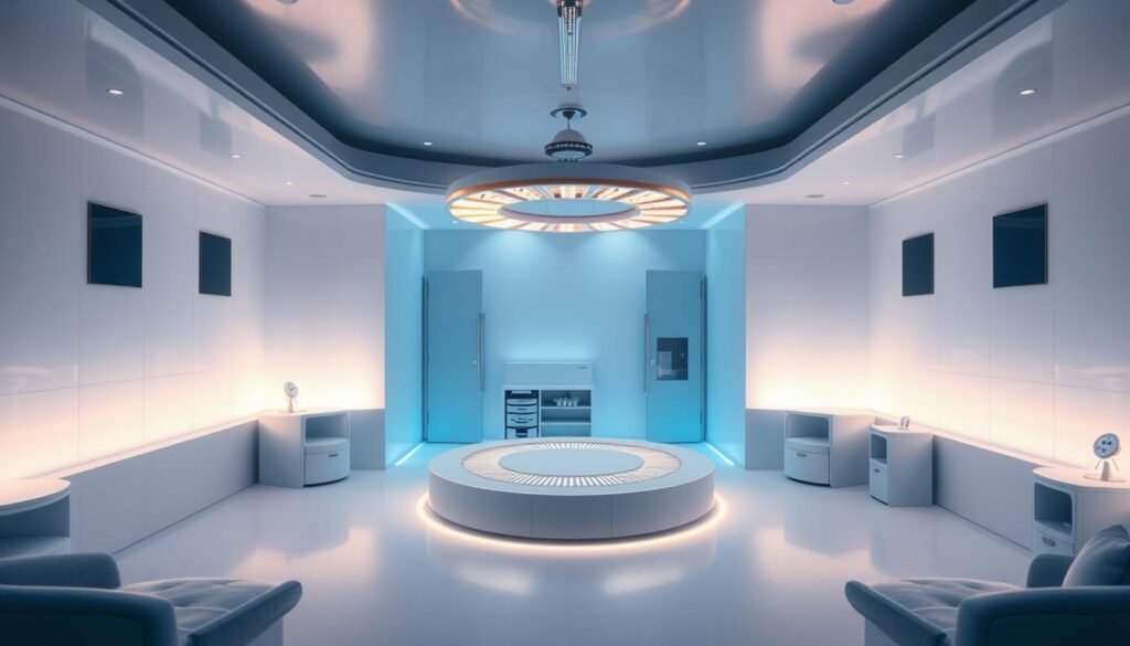A cryotherapy recovery room bathed in a soft, blue-tinted glow. The air is crisp and dry, with a temperature of -110°C (-166°F). Sleek, modern furniture and equipment line the walls, creating a clinical yet calming atmosphere. A central platform in the middle of the room, surrounded by a circular array of infrared lamps, provides the focal point for patients' treatment. The lighting is designed to be gentle and soothing, with a subtle play of shadows and highlights that accentuate the room's architectural features. The overall impression is one of advanced medical technology seamlessly integrated with a sense of comfort and well-being, creating an environment that is both highly functional and visually appealing. A cryotherapy recovery room bathed in a soft, blue-tinted glow. The air is crisp and dry, with a temperature of -110°C (-166°F). Sleek, modern furniture and equipment line the walls, creating a clinical yet calming atmosphere. A central platform in the middle of the room, surrounded by a circular array of infrared lamps, provides the focal point for patients' treatment. The lighting is designed to be gentle and soothing, with a subtle play of shadows and highlights that accentuate the room's architectural features. The overall impression is one of advanced medical technology seamlessly integrated with a sense of comfort and well-being, creating an environment that is both highly functional and visually appealing.