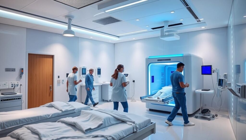 A modern hospital room, with sleek medical equipment and a cryotherapy chamber in the foreground. The chamber's glowing blue exterior stands out against the clean, white walls. Nurses and doctors move about, tending to patients resting on beds. The atmosphere is one of advanced healthcare, where cutting-edge treatments are seamlessly integrated into the clinical workflow. Soft, directional lighting illuminates the scene, casting subtle shadows and highlighting the technologically advanced nature of the environment. The overall impression is one of efficiency, innovation, and patient-centered care. A modern hospital room, with sleek medical equipment and a cryotherapy chamber in the foreground. The chamber's glowing blue exterior stands out against the clean, white walls. Nurses and doctors move about, tending to patients resting on beds. The atmosphere is one of advanced healthcare, where cutting-edge treatments are seamlessly integrated into the clinical workflow. Soft, directional lighting illuminates the scene, casting subtle shadows and highlighting the technologically advanced nature of the environment. The overall impression is one of efficiency, innovation, and patient-centered care.