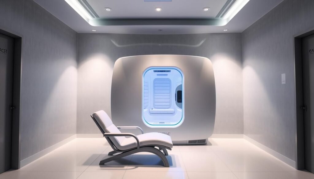 A spacious, modern recovery room with an immaculate, clinical aesthetic. The centerpiece is a sleek, state-of-the-art cryotherapy chamber, its glossy white exterior emitting a faint blue glow. Bright, indirect lighting illuminates the room, casting a serene, therapeutic ambiance. The floor is covered in pristine white tiles, while the walls feature a minimalist, grey-toned palette, accentuated by subtle metallic accents. In the foreground, a comfortable, ergonomic chair invites the patient to recline and experience the restorative effects of the -110°C treatment. The overall atmosphere conveys a sense of advanced medical technology seamlessly integrated with a tranquil, soothing environment, primed for optimal recovery. A spacious, modern recovery room with an immaculate, clinical aesthetic. The centerpiece is a sleek, state-of-the-art cryotherapy chamber, its glossy white exterior emitting a faint blue glow. Bright, indirect lighting illuminates the room, casting a serene, therapeutic ambiance. The floor is covered in pristine white tiles, while the walls feature a minimalist, grey-toned palette, accentuated by subtle metallic accents. In the foreground, a comfortable, ergonomic chair invites the patient to recline and experience the restorative effects of the -110°C treatment. The overall atmosphere conveys a sense of advanced medical technology seamlessly integrated with a tranquil, soothing environment, primed for optimal recovery.