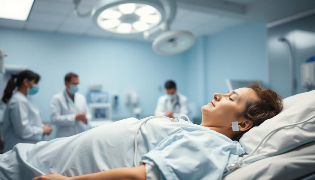 A sterile hospital room with a patient lying on an examination table, dressed in a gown and connected to various medical devices. The room is illuminated by bright, overhead lighting, casting a clinical, yet calming atmosphere. The patient's face is partially obscured, but their expression conveys a sense of trust and comfort. In the foreground, a team of medical professionals, including a doctor and a nurse, are attentively monitoring the patient's vital signs and preparing for a procedure. The background is blurred, keeping the focus on the patient and the medical personnel. A sterile hospital room with a patient lying on an examination table, dressed in a gown and connected to various medical devices. The room is illuminated by bright, overhead lighting, casting a clinical, yet calming atmosphere. The patient's face is partially obscured, but their expression conveys a sense of trust and comfort. In the foreground, a team of medical professionals, including a doctor and a nurse, are attentively monitoring the patient's vital signs and preparing for a procedure. The background is blurred, keeping the focus on the patient and the medical personnel.