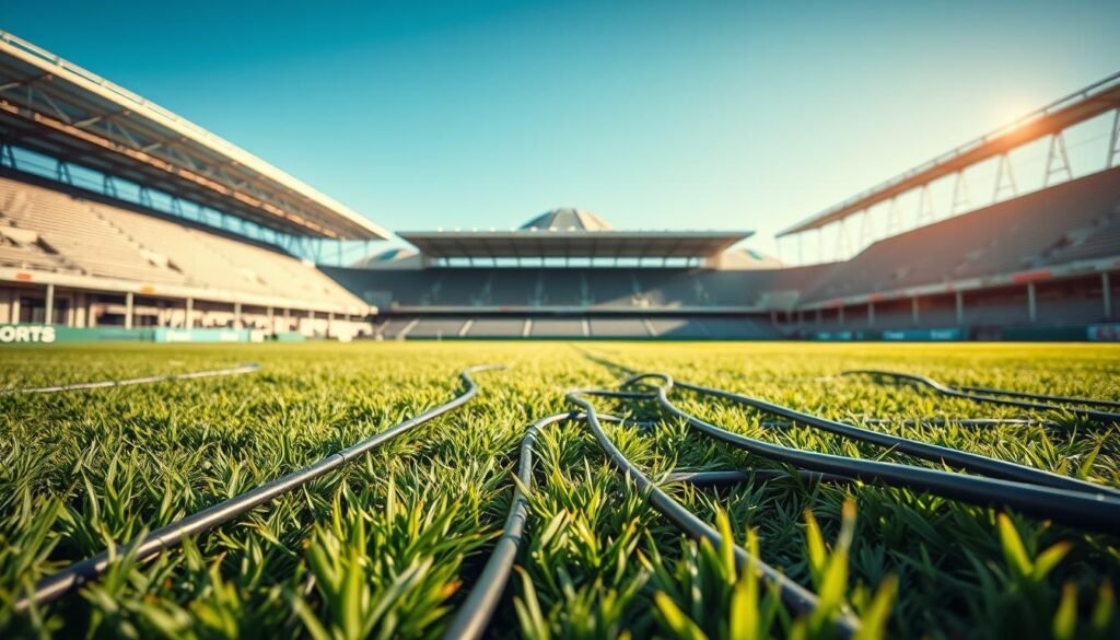A detailed view of an advanced grass pitch heating system installed beneath a green football field, showcasing intricate network of pipes and heating elements. In the foreground, a close-up of the heating pipes intertwined with healthy, lush grass blades, demonstrating the technology's integration with the natural surface. The middle ground features an expansive stadium filled with bright natural sunlight, with clear blue skies above and the grandstand in sharp focus, highlighting the stadium's impressive architecture. In the background, distant mountain peaks frame the stadium, adding a serene atmosphere. The lighting is warm and inviting, with shadows creating depth, resulting in a professional and engaging mood that reflects the importance of pitch heating technology in maintaining field quality during winter.