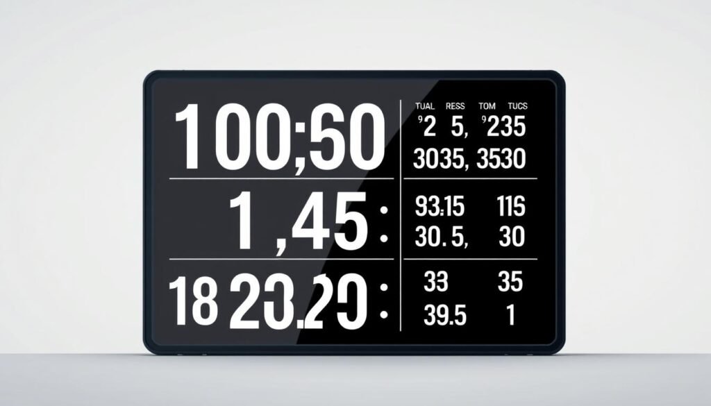 A digitally rendered illustration of a scoreboard, displaying numerical data and statistics in a minimalist, high-contrast style. The scoreboard is positioned in the center of the frame, with a clean, geometric design and a neutral color palette of blacks, grays, and whites. The numbers and text are crisp and legible, conveying a sense of precision and information density. The background is blurred and out of focus, placing the emphasis solely on the scoreboard and the data it presents. The overall mood is one of analytical clarity, highlighting the importance of quantifiable metrics and data-driven decision making.