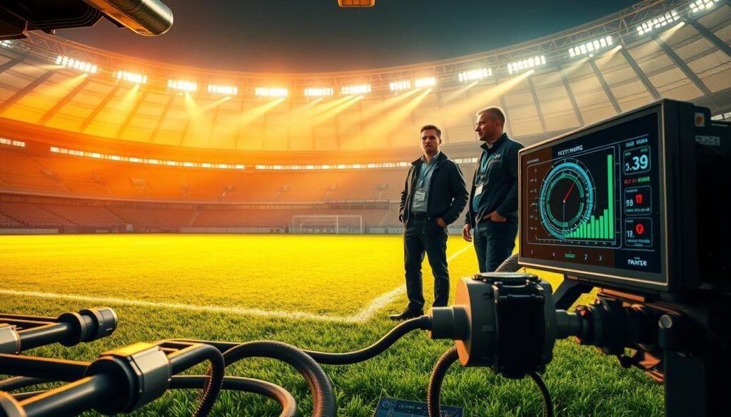 A high-tech stadium field heating system in action, showcasing an animated control panel with digital readouts and visualizations related to pitch heating. In the foreground, intricate machinery with pipes and sensors blending seamlessly into a well-maintained grass pitch, radiating warmth. In the middle, a few professional engineers in smart casual attire observing the data, their expressions focused and engaged. The background features a futuristic stadium with bright floodlights illuminating the field, creating a vibrant, energetic atmosphere. Shafts of warm light highlight the importance of the heating system, reflecting off the green grass. The image captures the precision and technology behind maintaining field quality in winter conditions. Shot from a low angle, emphasizing both the machinery and the immaculate pitch.