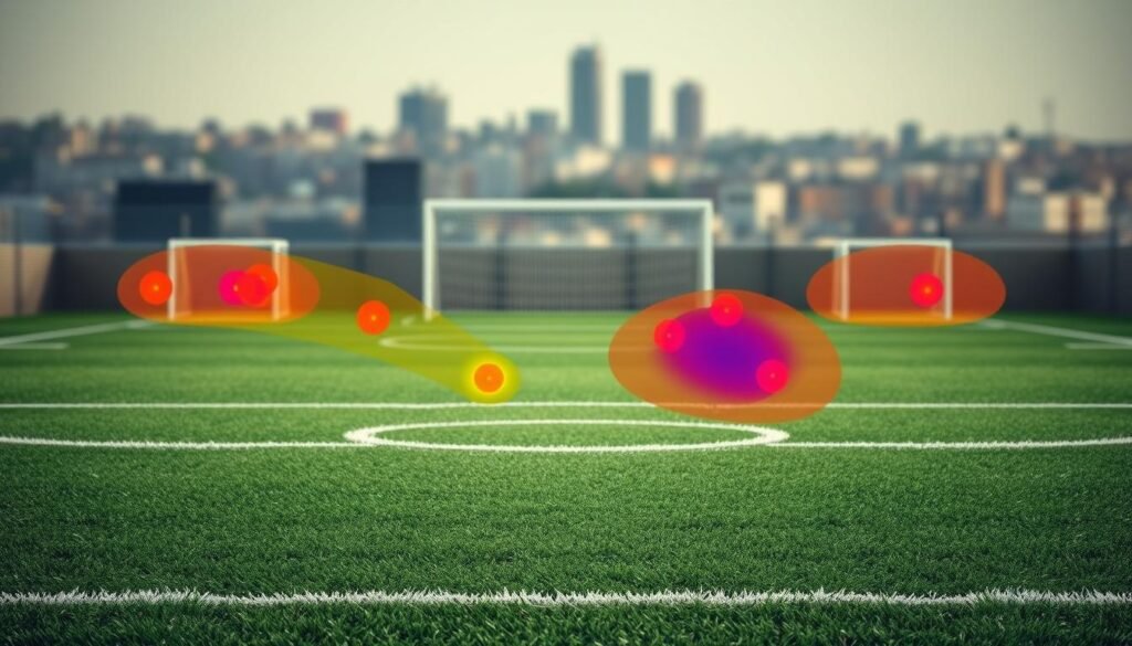A highly detailed, hyper-realistic illustration of a defensive xG visualization. The foreground depicts a soccer field with precise line markings and textured grass. In the middle ground, a series of colorful, semi-transparent heat maps overlay the field, representing defensive positioning and coverage areas. These heat maps are generated using advanced analytics, showcasing defensive performance metrics in a visually striking manner. The background features a subtle, blurred cityscape, suggesting the broader context of professional football. The lighting is natural, with soft shadows and highlights accentuating the depth and dimensionality of the scene. The overall mood is one of analytical precision, innovation, and the cutting edge of football analytics.