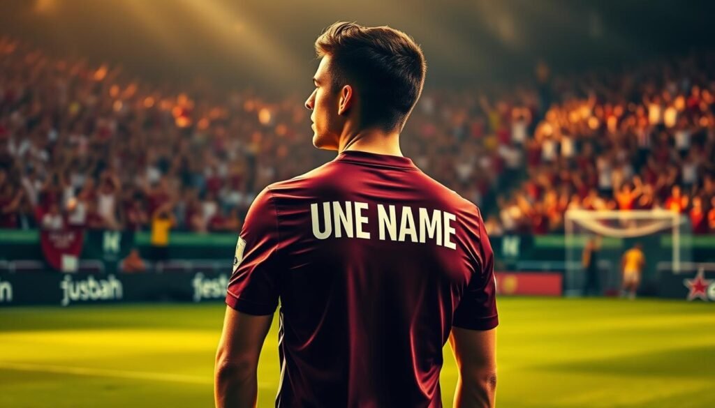 A professional soccer player standing confidently on a lush green pitch, their unique name emblazoned on the back of their jersey. The player's expression exudes determination, their gaze focused on the game ahead. In the background, a swarm of cheering fans add to the electric atmosphere, their excitement palpable. Warm, golden lighting bathes the scene, creating a sense of drama and importance. The composition is balanced, highlighting the player's unique name as a central element, hinting at the potential impact it may have on their career. A professional soccer player standing confidently on a lush green pitch, their unique name emblazoned on the back of their jersey. The player's expression exudes determination, their gaze focused on the game ahead. In the background, a swarm of cheering fans add to the electric atmosphere, their excitement palpable. Warm, golden lighting bathes the scene, creating a sense of drama and importance. The composition is balanced, highlighting the player's unique name as a central element, hinting at the potential impact it may have on their career.