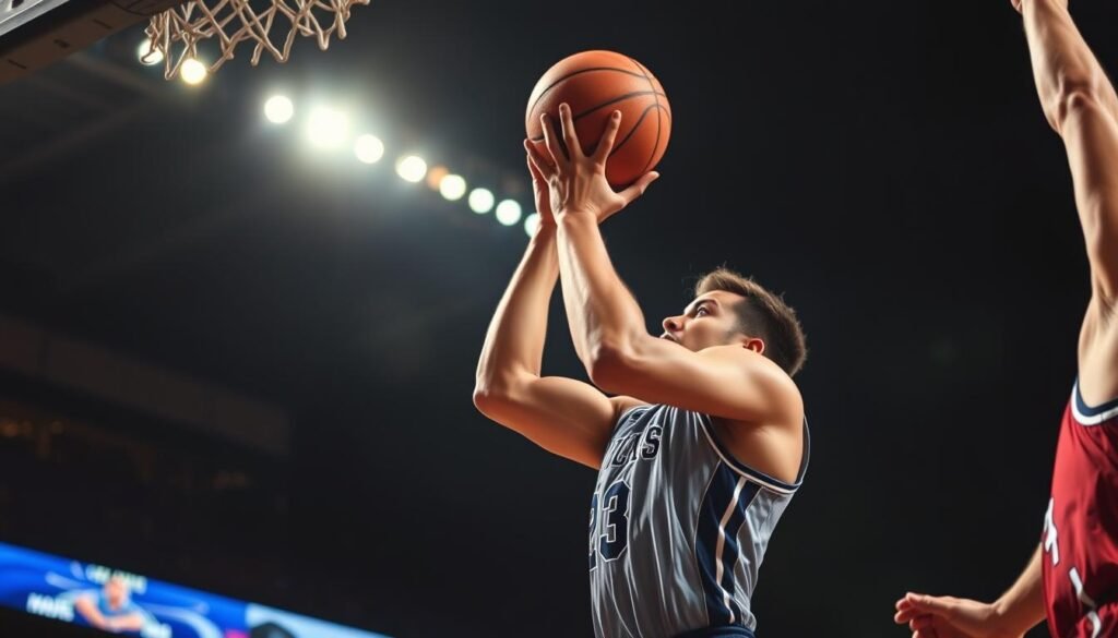 A tightly cropped, high-quality action shot of a basketball player attempting a heavily contested jump shot. The player is in mid-air, their body contorted as they release the ball with an intense expression. The background is blurred, focusing the viewer's attention on the player's form and the defensive pressure being applied. Dramatic low-angle lighting casts strong shadows, adding depth and intensity to the scene. The image conveys the difficulty and challenge of making a quality shot under duress, reflecting the concept of "forced poor shot quality" described in the article section.