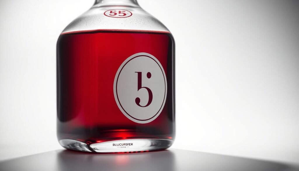 A vibrant, glossy glass bottle filled with a deep, rich burgundy liquid, catching the light and casting a warm glow. The bottle is adorned with a sleek, minimalist label featuring a single stylized letter in a bold, modern font. The background is a crisp, clean white, highlighting the elegant simplicity of the design. The scene is captured in a soft, diffused lighting, creating a sense of sophistication and refinement. The overall composition emphasizes the captivating, almost hypnotic, allure of this unique, distinctive beverage.