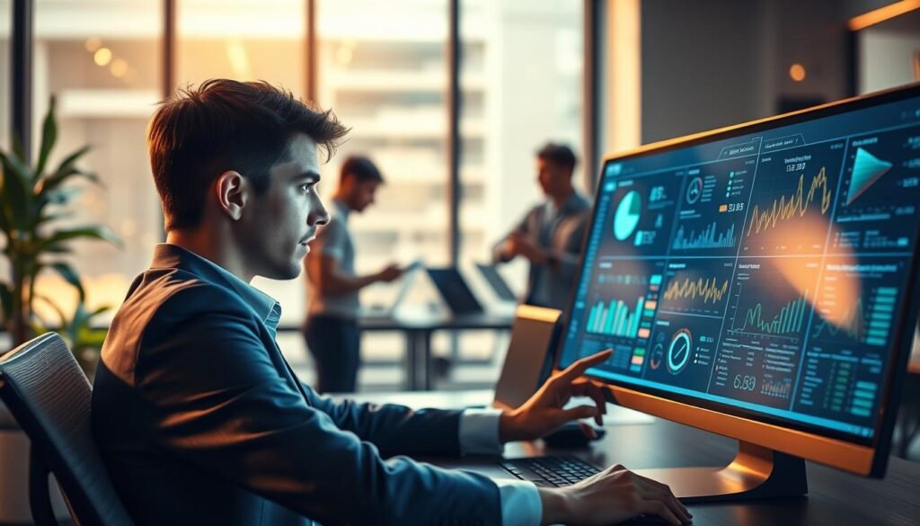 A vibrant, high-energy scene showcasing a hardworking data team player in action during the current season. In the foreground, a young analyst in a sharp, modern office attire sits at a sleek desk, intently studying a large dashboard display filled with complex data visualizations and analytics. Soft, directional lighting from a large window casts a warm glow, creating depth and highlighting the intense focus on the player's face. In the middle ground, the team collaborates, sharing insights and debating strategy, their body language animated and engaged. The background blurs softly, hinting at the bustling, high-tech office environment, with abstract digital patterns and icons subtly visible, conveying the data-driven, tech-savvy nature of the team's work.