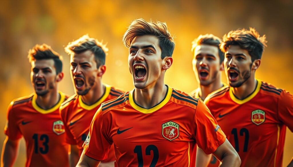 A vibrant, painterly portrait of a group of soccer players from Central-Eastern Europe, captured in a candid, spontaneous moment. The players, adorned in bold, colorful uniforms, are depicted mid-action, their expressions conveying a sense of hunger and determination. The scene is framed with a warm, golden-hued lighting that bathes the players in a soft, ethereal glow, creating an atmospheric and evocative aesthetic. The background is blurred and impressionistic, allowing the viewer's focus to remain on the dynamic figures in the foreground. The overall composition and rendering style evoke a sense of the unique cultural heritage and local idioms embodied by these players from the Central-Eastern European region.