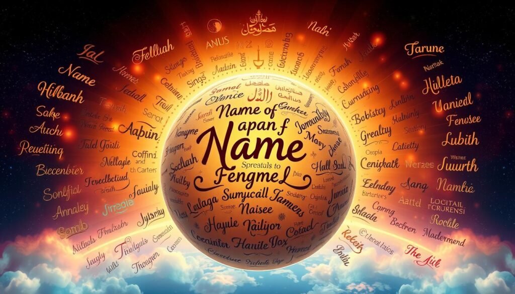 A vibrant, visually arresting illustration showcasing the diverse linguistic origins and meanings of names from around the world. A central globe or world map serves as the focal point, with intricate calligraphic scripts, typography, and iconography radiating outward to represent the rich tapestry of human identity and cultural heritage. Glowing warm lighting illuminates the scene, creating an ethereal, inviting atmosphere. The composition strikes a balance between order and dynamism, mirroring the universal yet deeply personal nature of names. Crisp, high-resolution details allow for close examination of the exquisite typographic elements and symbolic visual motifs. An impactful, visually captivating image that engages the viewer and inspires deeper reflection on the meaning and significance of names in various languages. A vibrant, visually arresting illustration showcasing the diverse linguistic origins and meanings of names from around the world. A central globe or world map serves as the focal point, with intricate calligraphic scripts, typography, and iconography radiating outward to represent the rich tapestry of human identity and cultural heritage. Glowing warm lighting illuminates the scene, creating an ethereal, inviting atmosphere. The composition strikes a balance between order and dynamism, mirroring the universal yet deeply personal nature of names. Crisp, high-resolution details allow for close examination of the exquisite typographic elements and symbolic visual motifs. An impactful, visually captivating image that engages the viewer and inspires deeper reflection on the meaning and significance of names in various languages.