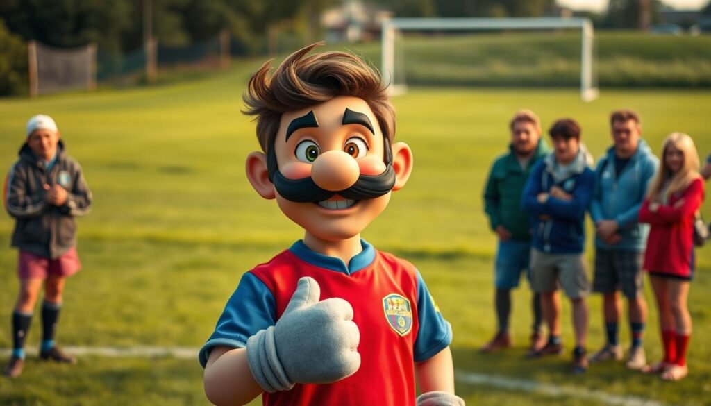 A whimsical soccer player named Mario Gila Nama, with a playful grin and mischievous eyes, stands in the foreground. His vibrant red and blue uniform, complete with a classic mustache and oversized gloves, creates a comical and endearing impression. In the middle ground, a group of puzzled spectators, their expressions a mix of amusement and bewilderment, watch the scene unfold. The background features a lush, verdant field, with goalposts in the distance, creating a sense of a friendly, neighborhood soccer match. Soft, warm lighting illuminates the scene, adding to the lighthearted and humorous atmosphere.