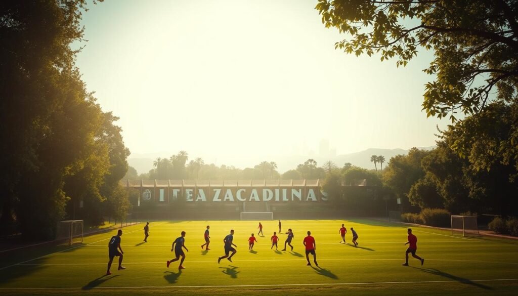 An academy campus nestled amidst the lush greenery, with young footballers honing their skills on pristine pitches. Sunlight filters through the trees, casting a warm, golden glow across the scene. In the foreground, a group of players engage in a dynamic training drill, their movements fluid and precise. In the middle ground, the iconic architecture of the Ajax and La Masia facilities stand as testaments to the rich footballing heritage they represent. In the background, the skyline of a modern European city provides a subtle backdrop, hinting at the global scale of these renowned academies. The atmosphere is one of focused determination, where data-driven insights and the instinctive artistry of the game converge to shape the next generation of football talent.
