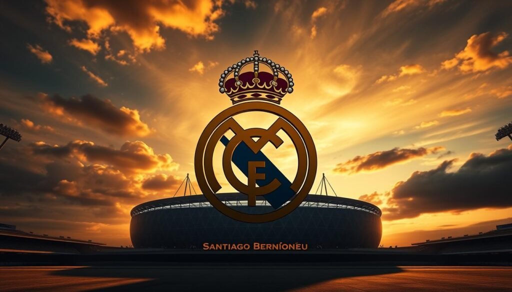 Prompt A stunning, hyper-realistic image of the iconic Real Madrid logo set against a dramatic, golden-hued sky at dusk. The crest is rendered in intricate detail, with the regal lion and the regal crown shining in the fading light. In the background, the iconic Santiago Bernabéu stadium rises majestically, its sleek, modern architecture casting long shadows across the scene. The overall composition exudes a sense of power, prestige, and the triumphant spirit of the 13-time UEFA Champions League winners, capturing the essence of the "Liga Champions" and the team's unparalleled legacy.