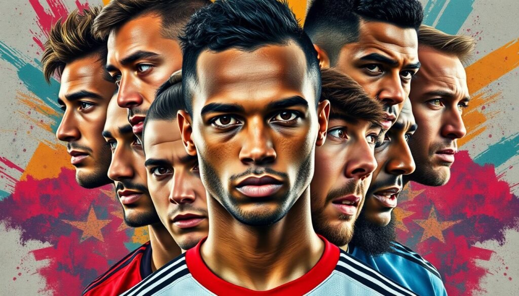 Striking soccer player portraits in a dynamic, vibrant composition. A collage of close-up headshots showcasing the unique, expressive features and cultural identities of professional footballers from around the world. Crisp lighting accentuates the players' distinctive facial structures, skin tones, and hairstyles, highlighting the diversity and individuality within the sport. The portraits are arranged in an asymmetric, overlapping layout, creating a sense of energy and movement. The background blends abstract patterns and textures in rich, saturated colors that complement the players' uniforms and accessories. An immersive, visually captivating depiction of the fascinating personal stories behind the names of international soccer stars. Striking soccer player portraits in a dynamic, vibrant composition. A collage of close-up headshots showcasing the unique, expressive features and cultural identities of professional footballers from around the world. Crisp lighting accentuates the players' distinctive facial structures, skin tones, and hairstyles, highlighting the diversity and individuality within the sport. The portraits are arranged in an asymmetric, overlapping layout, creating a sense of energy and movement. The background blends abstract patterns and textures in rich, saturated colors that complement the players' uniforms and accessories. An immersive, visually captivating depiction of the fascinating personal stories behind the names of international soccer stars.