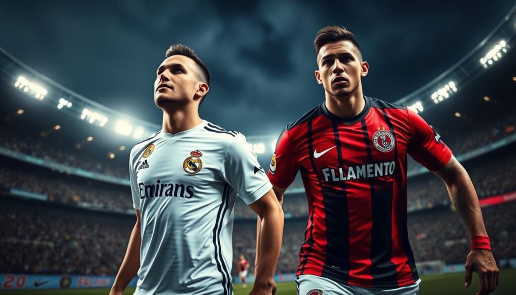A dramatic composition showcasing two key players, one from Real Madrid and one from Flamengo, in an intense moment on the football field. In the foreground, the Real Madrid player wears their iconic white jersey, displaying an athletic stance, focused and determined. The Flamengo player, in their vibrant red and black stripes, counters with a strong, competitive posture. The middle ground captures a dynamic gameplay scene with a blurred crowd in the stadium, emphasizing the energy and excitement of the match. The background features the stadium lights illuminating the field under a night sky, creating an electrifying atmosphere. Use a wide-angle lens effect to capture the grandeur of the match, with bright lighting highlighting the players’ expressions of concentration and intensity. The overall mood is tense yet exhilarating, encapsulating the pivotal nature of their roles in the upcoming game.