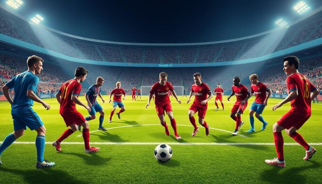 A dynamic, action-packed illustration of a soccer match focusing on attacking strategies, specifically formations 4-3-3 and 3-5-2. In the foreground, depict a scene with players in professional soccer attire, grouped into two distinct teams: one set in vibrant blue jerseys representing the 4-3-3 formation, and the other in sharp red jerseys for the 3-5-2 formation, showcasing their offensive maneuvers. In the middle ground, include a soccer field with vivid green grass, a ball in play, and players actively positioning themselves for strategic passing and movement. The background features an enthusiastic crowd in a stadium under bright, dramatic lighting, creating an exhilarating atmosphere. The angle should be a slightly elevated perspective, capturing the intensity and tactical nuances of modern soccer.