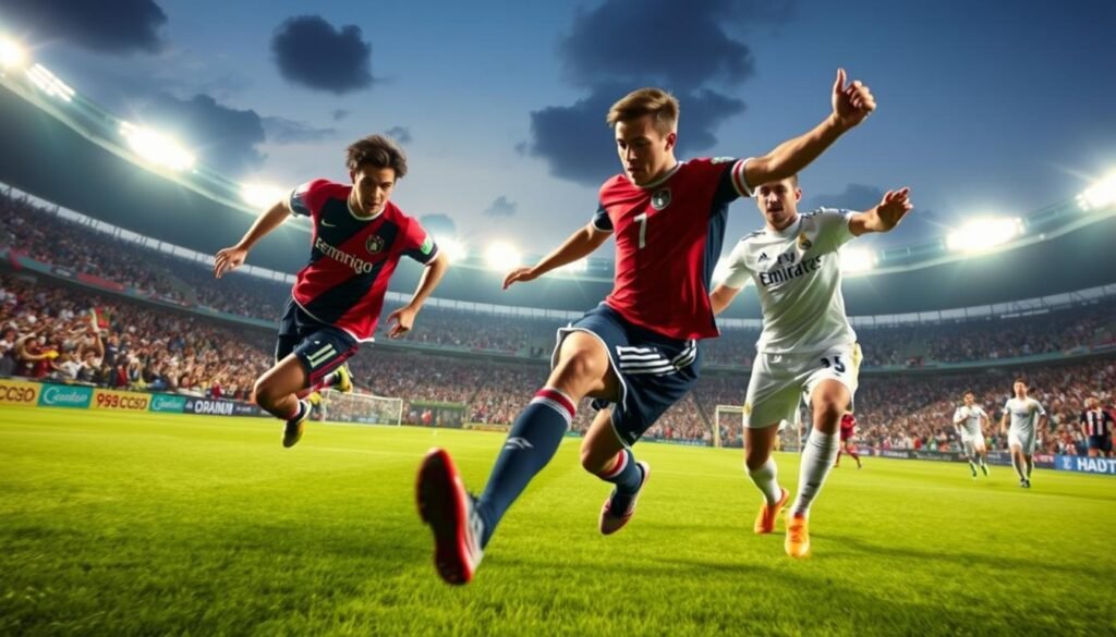 A dynamic sports scene illustrating a vibrant soccer match between Flamengo and Real Madrid during the Club World Cup final. In the foreground, capture intense players in action, wearing their respective team jerseys, one in red and black for Flamengo and the other in white for Real Madrid. The middle ground features an excited crowd, waving flags and banners, embodying the thrilling atmosphere of a championship game. The background showcases a grand stadium filled with bright floodlights, illuminating the pitch under a clear evening sky. Use a wide-angle lens to enhance the sense of depth and action. The mood is intense and electrifying, exuding anticipation and passion for the game. Ensure the players are depicted in professional sports attire, reflecting dedication and sportsmanship.