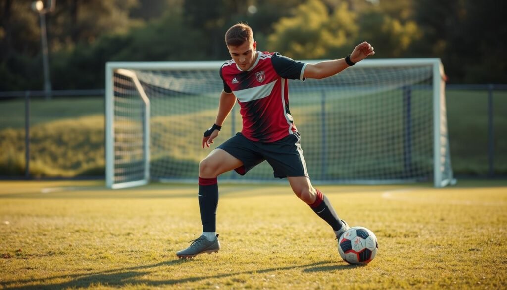 A soccer player, dressed in a professional team kit, is demonstrating the body positioning of an ideal kicker as he prepares to take a shot on goal. His body is slightly angled to the left, knees bent, and weight shifted forward, highlighting the importance of posture and balance. The foreground features his focused expression, emphasizing concentration. In the middle ground, a grassy soccer field extends, with a blurred goalpost in the background, suggesting a competitive match atmosphere. Soft natural lighting from a late afternoon sun casts dynamic shadows, enhancing the scene's realism. The image captures the essence of strategic body placement, fitting for the context of goalkeeping techniques.