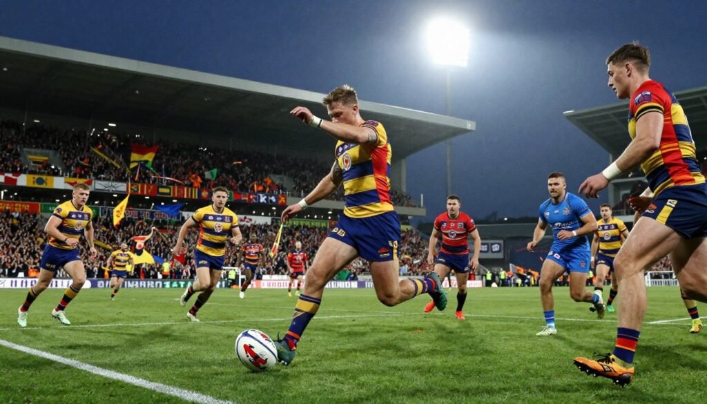 A dramatic scene depicting a knockout football match featuring intense players in vibrant team jerseys, showcasing clear expressions of determination and focus. In the foreground, a player is in mid-action, striking the ball with precision. The middle ground includes a fiercely competitive atmosphere filled with cheering fans in the stadium, waving flags and banners, emphasizing the importance of the match. The background captures a well-lit stadium, with floodlights illuminating the pitch and a packed audience creating an electric vibe. Use a wide-angle lens to enhance the sense of scale and depth, and ensure the lighting is dynamic, highlighting the players' movements and the tension of high-stakes competition. The overall mood should be charged with excitement, urgency, and the essence of a 'do or die' knockout game.