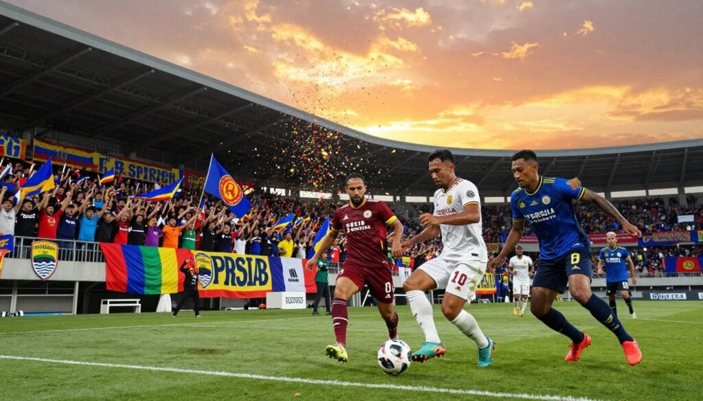 A dramatic soccer match scene capturing the intense rivalry between the teams, Persib and Persija, framed against a backdrop of a bustling stadium filled with colorful fans waving flags and banners. In the foreground, two players are locked in a fierce duel for possession of the ball, showcasing their athleticism and determination. In the middle ground, passionate supporters are depicted cheering, with expressions of excitement and tension, while confetti rains down in a vibrant display of team colors. The background features a vibrant sunset, casting warm, golden light over the scene, enhancing the atmosphere of competition. The angle should be slightly elevated to give a panoramic view of the match, emphasizing the energy and intensity of this heated rivalry.